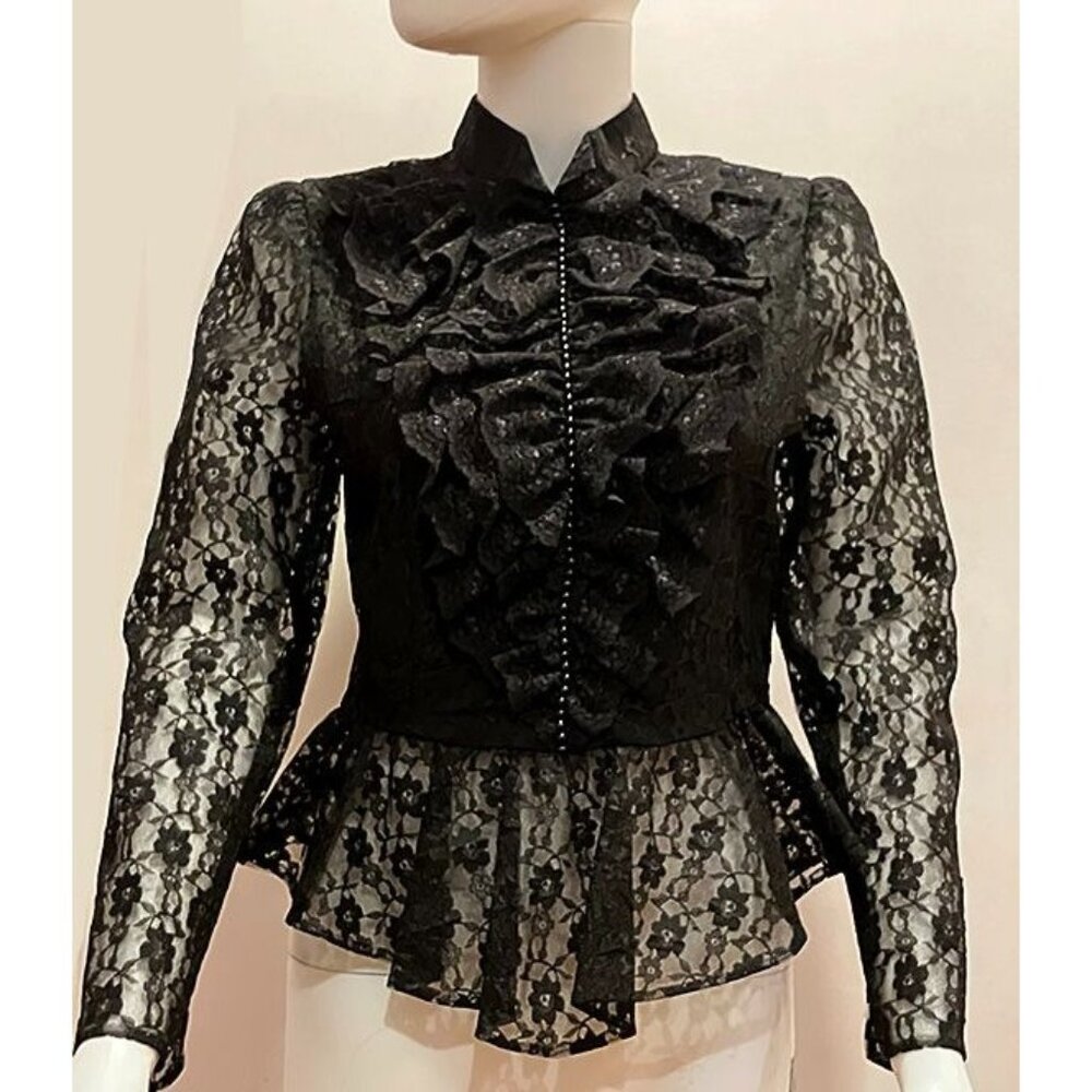 Japanese Goth Punk Victorian Lace Blouse w/ ruffles + peplum, S